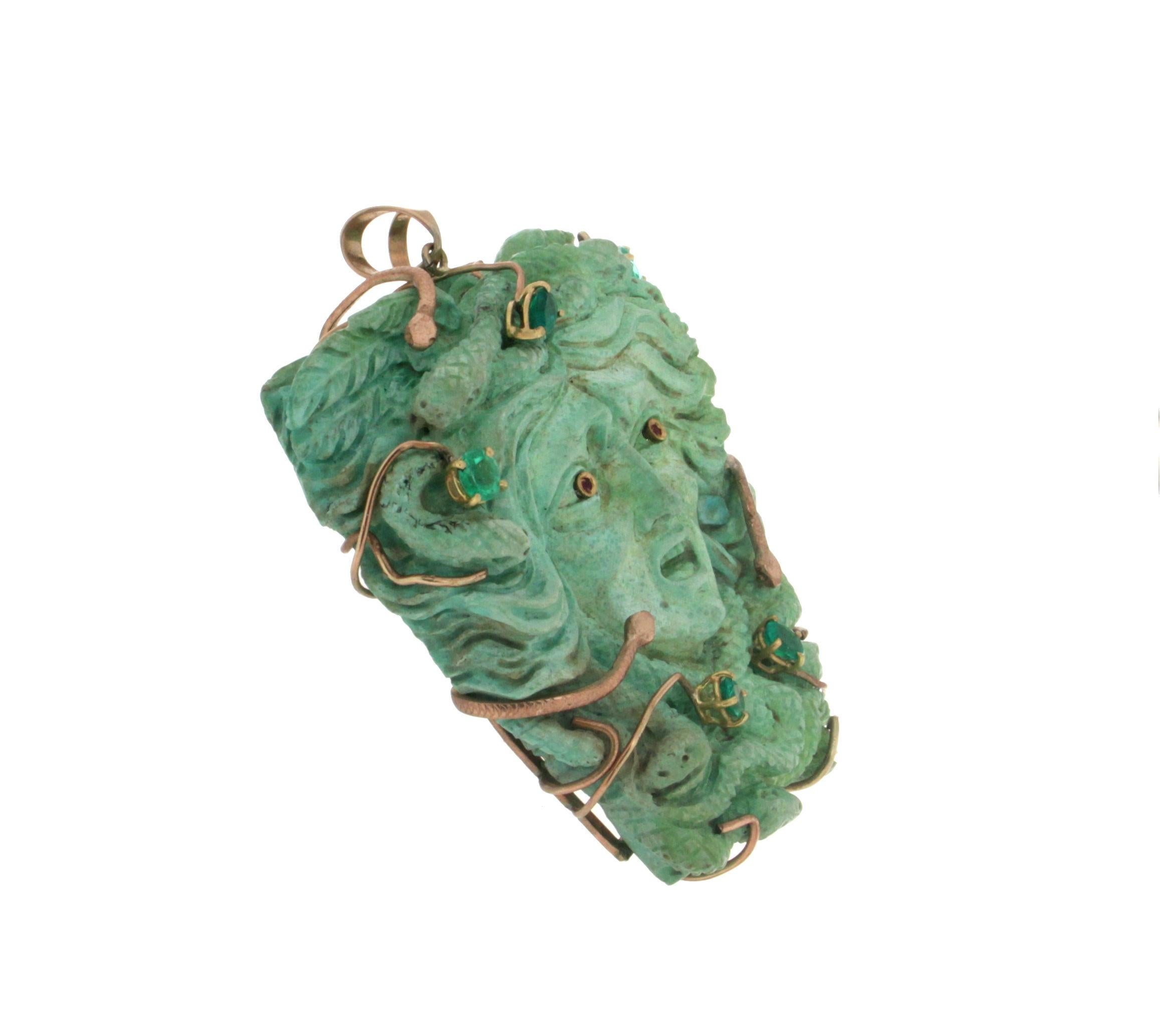Medusa Turquoise 9 Karat Yellow Gold Emeralds Pendant Necklace In New Condition In Marcianise, IT