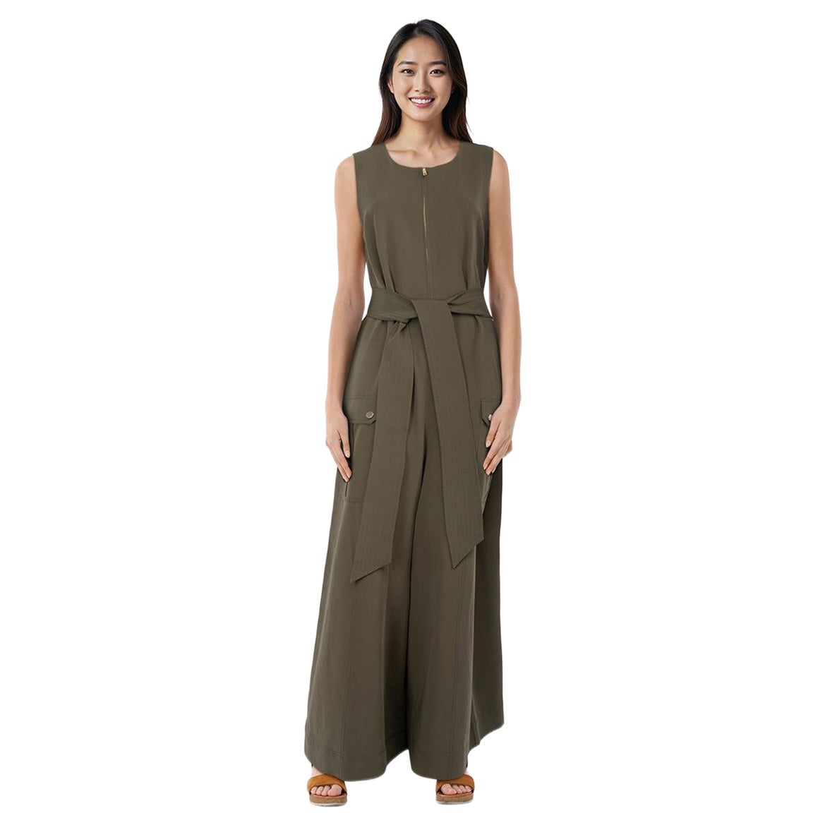 ME+EM Khaki Belted Sleeveless Belted Jumpsuit Size XXL For Sale
