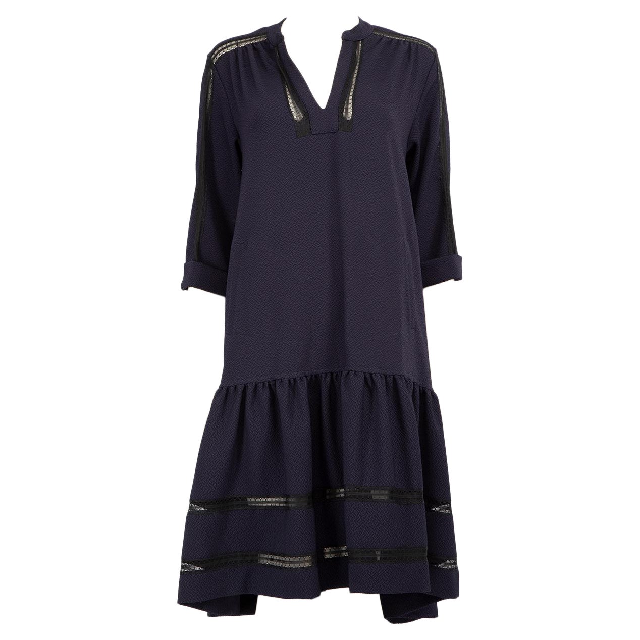 ME+EM, robe midi bleu marine bordée de volants, taille S