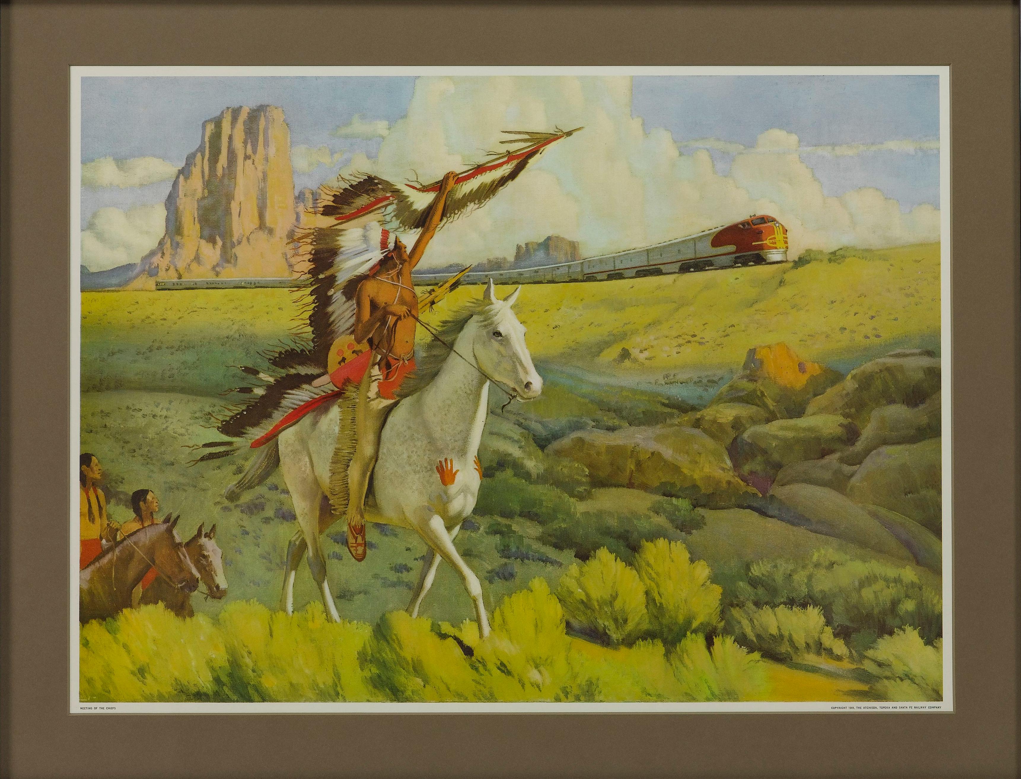 Presented is a vintage poster, titled “Meeting of the Chiefs.” This poster was designed in 1949 by Hernando Gonzalo Villa for the Atchinson, Topeka, and Santa Fe Railway. The poster depicts a Native American chief on horseback, raising his spear to