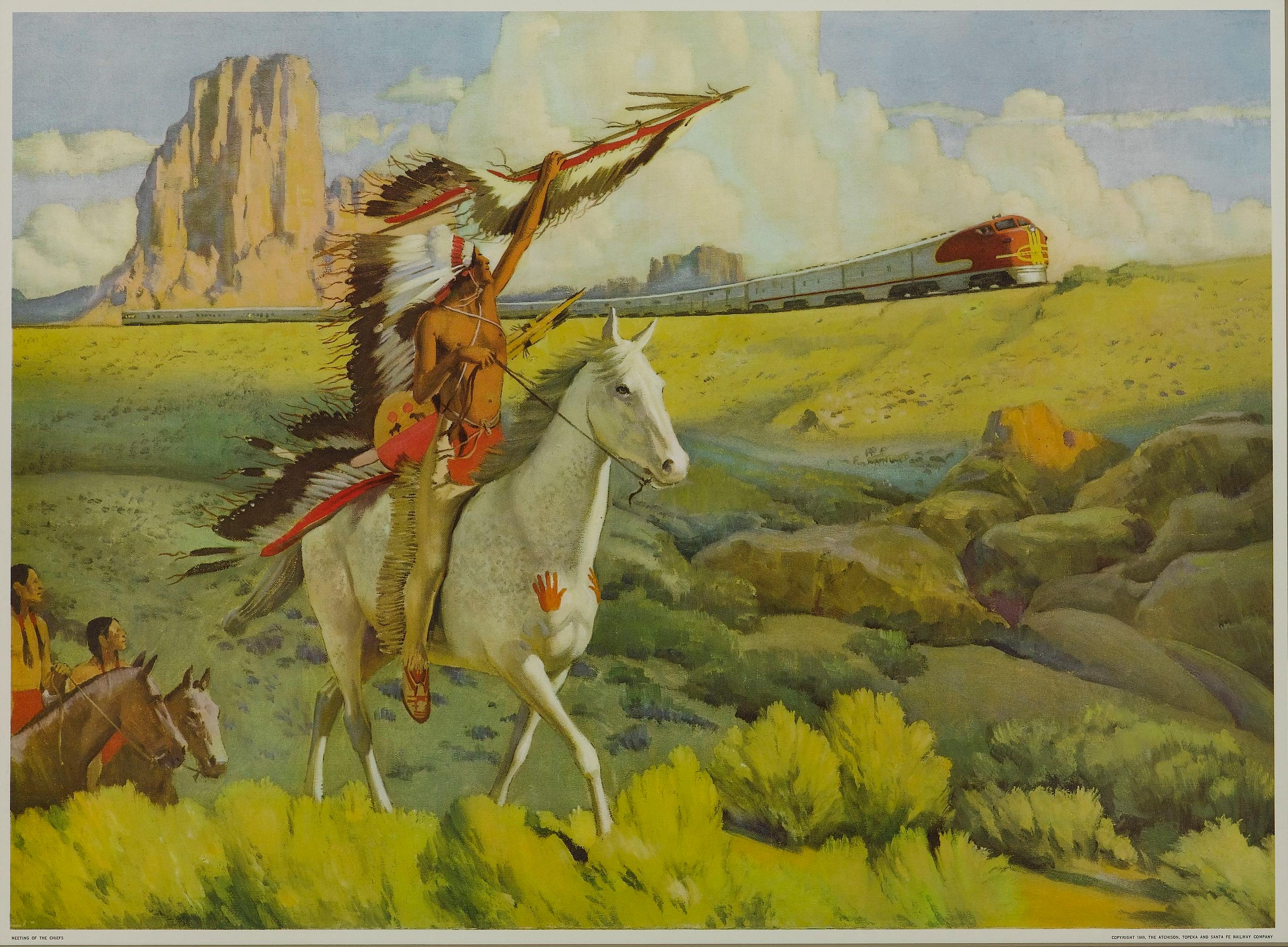 „Meeting of the Chiefs“-Poster der Eisenbahn von Atchison, Topeka, und Santa Fe, 1949 (amerikanisch) im Angebot