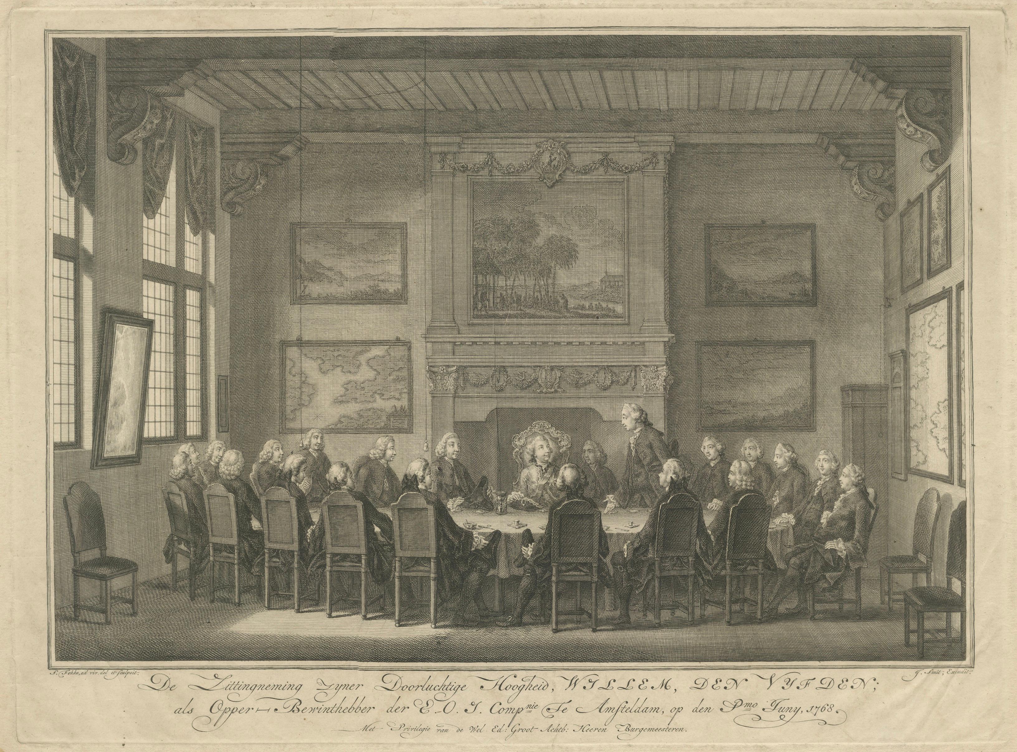 Treffen der VOC-Direktoren mit Prinz Wilhelm V., Amsterdam 1768

Beschreibung:
Dieser beeindruckende Stich aus dem 18. Jahrhundert zeigt ein historisches Treffen der Direktoren der Niederländischen Ostindien-Kompanie (VOC) mit Prinz Wilhelm V. von