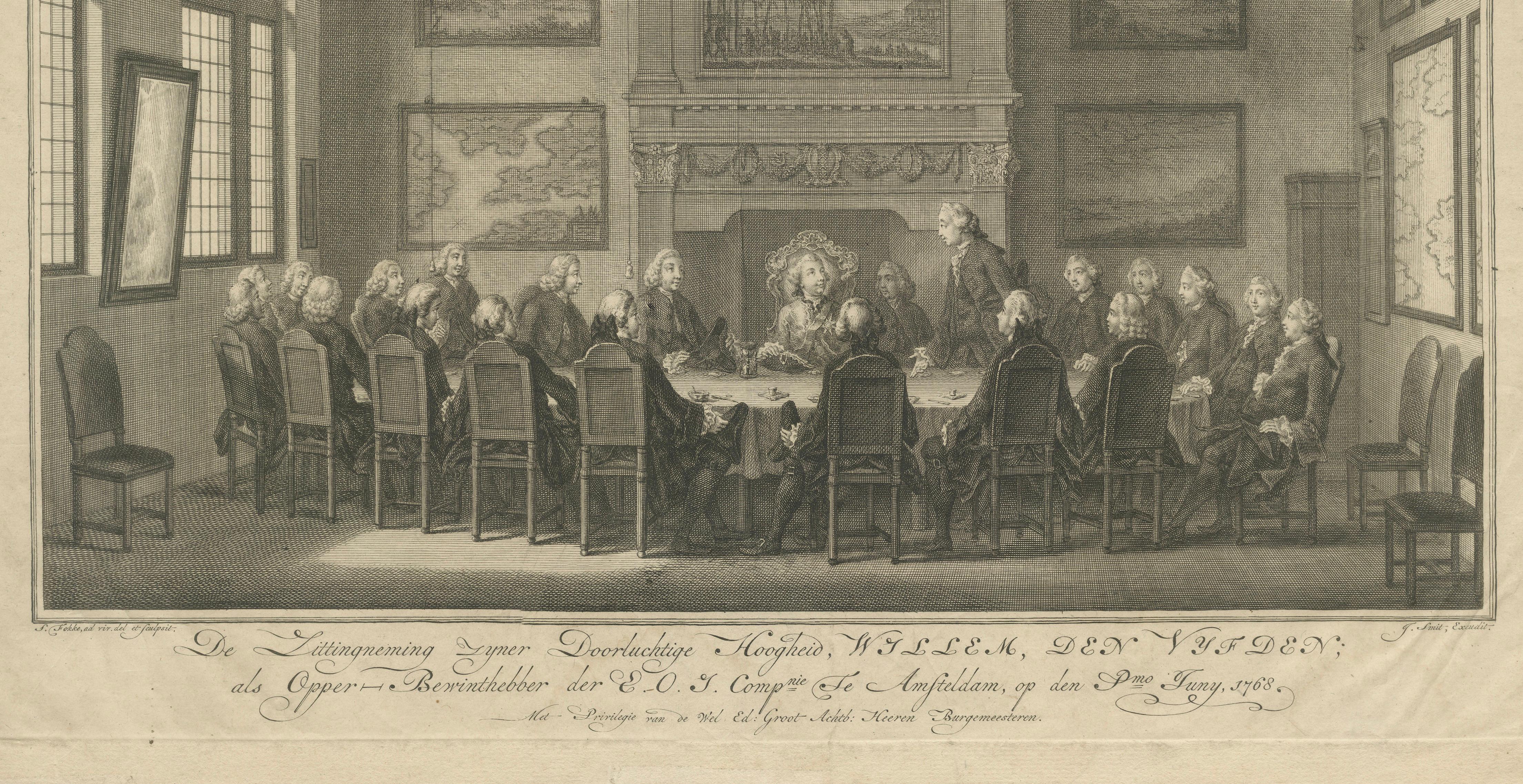 Treffen der VOC-Direktoren mit Prinz Wilhelm V., Amsterdam 1768 (Graviert) im Angebot