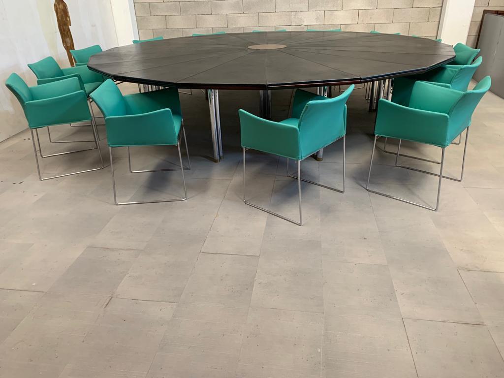 Italian Meeting Table in Leather and Steel with 14 Armchairs by Simon For Sale