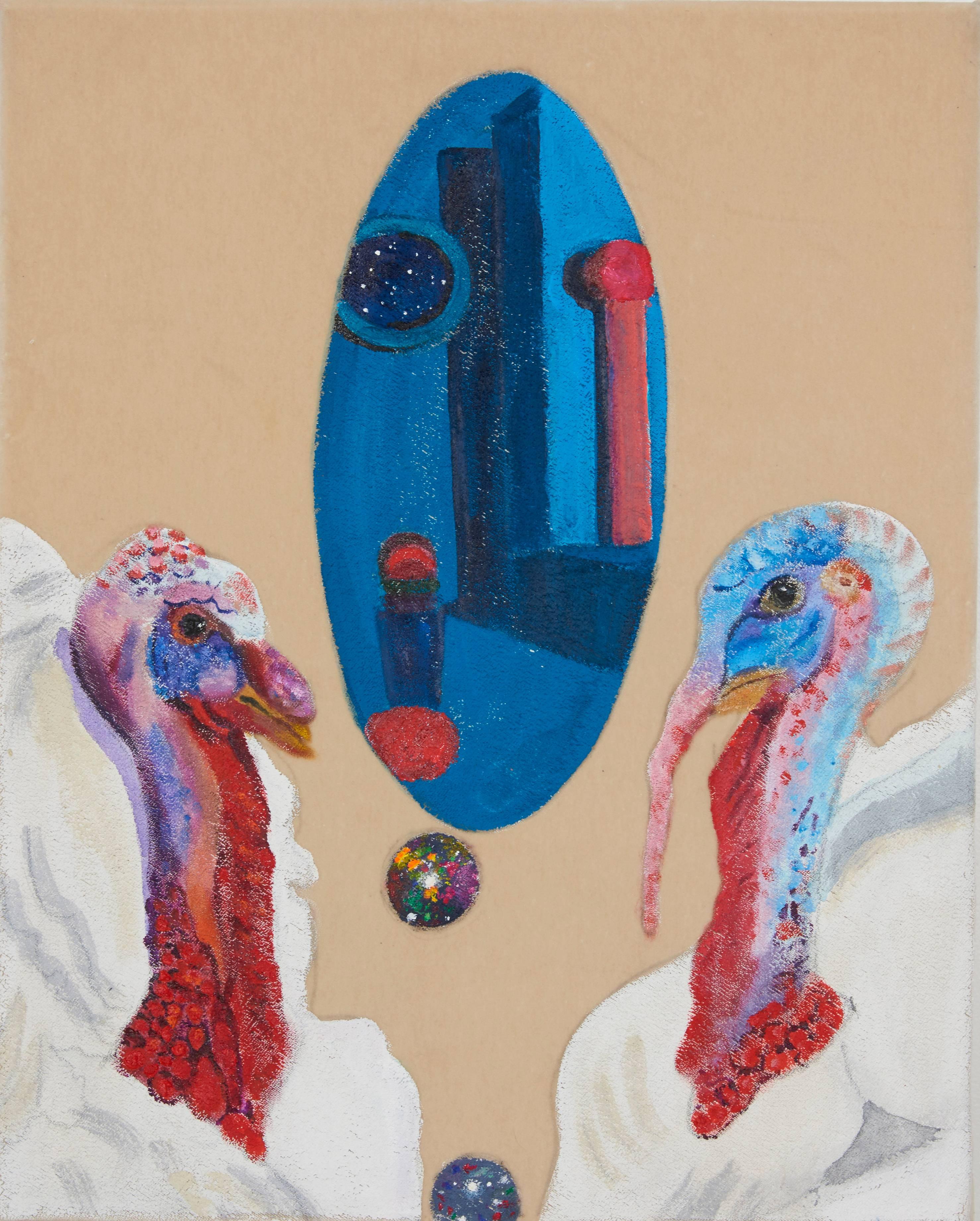 Meg Franklin Still-Life Painting - "Cosmic American Turkeys" Contemporary Still Life Painting on Velvet