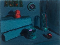 "Turquoise Dream with Mimi
s Curtains" Still Life Painting on Velvet, 2018