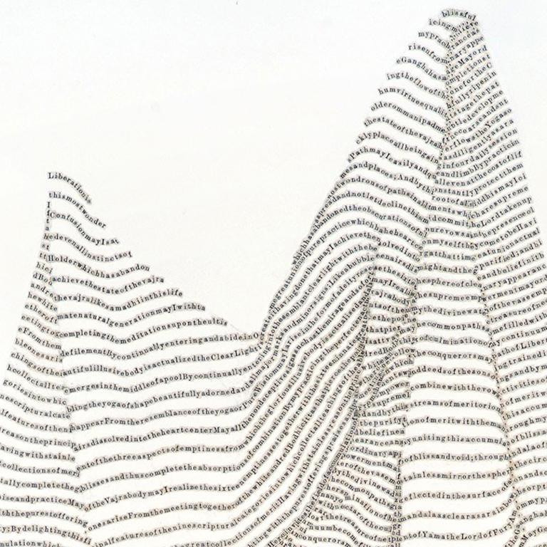 Meg Hitchcock’s work begins with sacred texts; she cuts tiny individual letters from various scripture and uses the isolated typeset characters to create intricate designs. Letters are cut from a Bible and rearranged into a passage from the Koran,