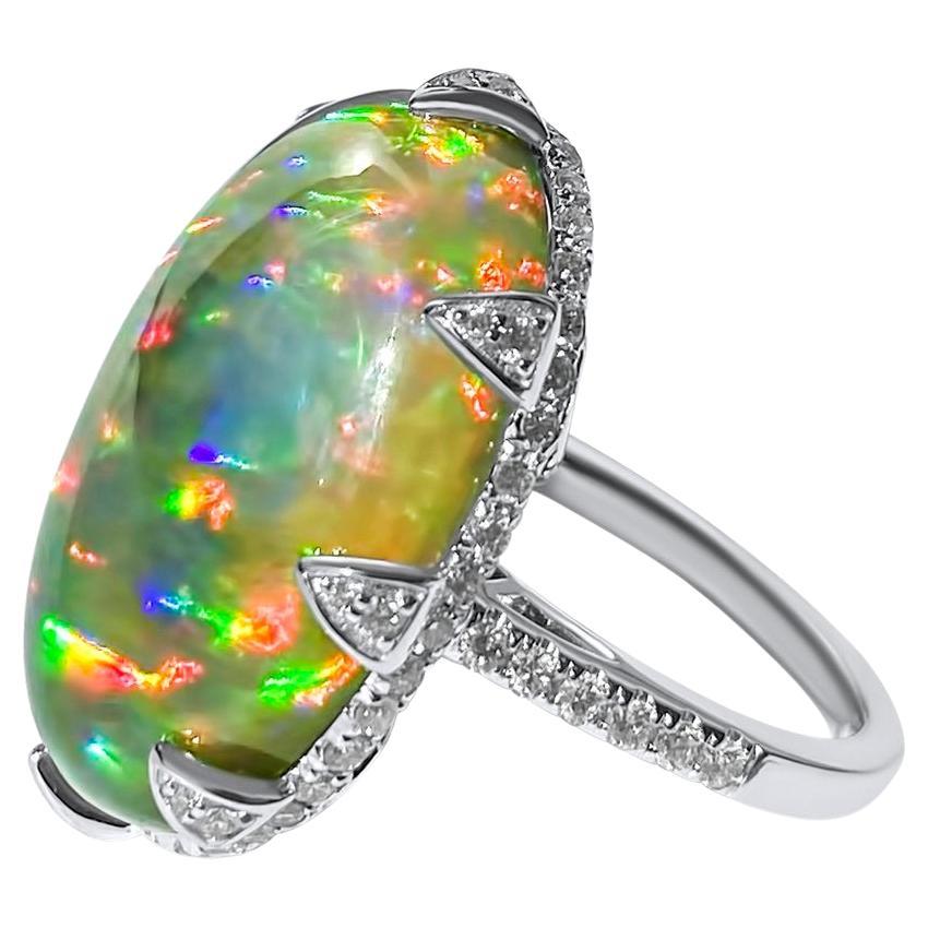 Mega Oval Opal and Diamond Lotus Ring, Noteworthy Large Opal, 18.65 Cts For Sale