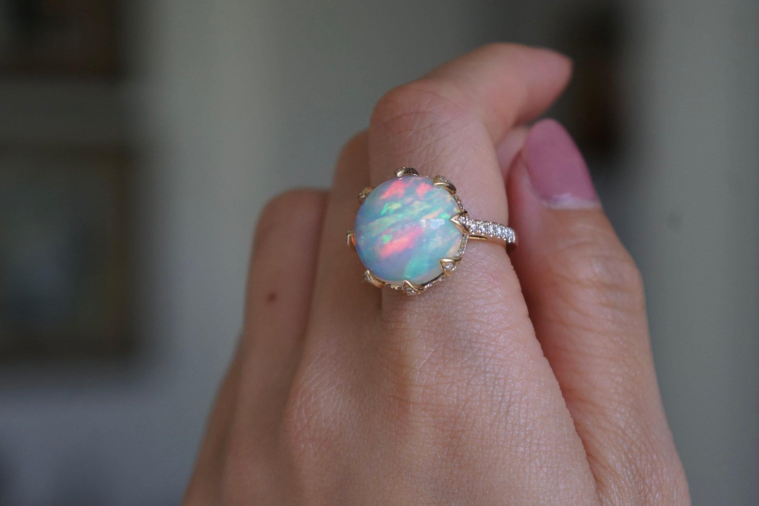 Brilliant Cut Mega Round Opal and Diamond Lotus Ring - Noteworthy Large Opal - 10 ct For Sale