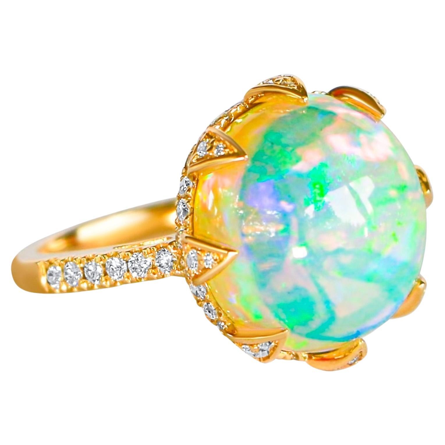 Mega Round Opal and Diamond Lotus Ring - Noteworthy Large Opal - 10 ct For Sale