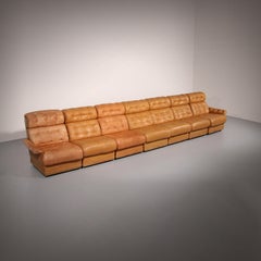 Modular 1970s Cognac Leather Sofa Set, Vintage Design, Seven Pieces