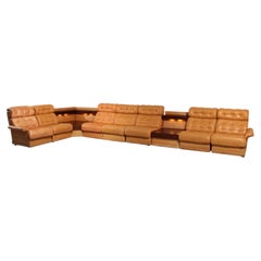 Modular 1970s Cognac Leather Sofa Set, Vintage Design, Seven Pieces