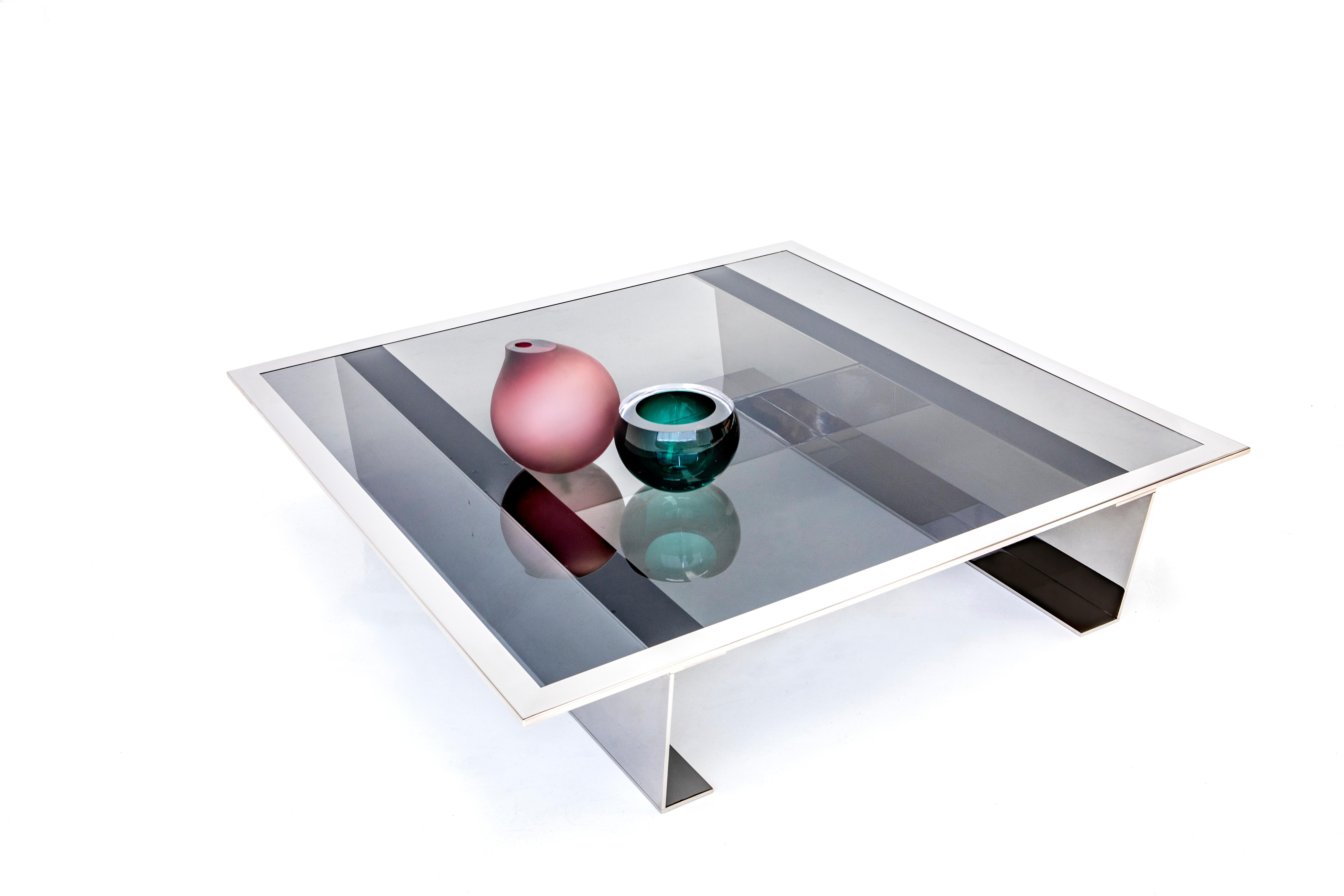 Modern Mega, a large coffee table in silver chromed or gold polished brass finish For Sale