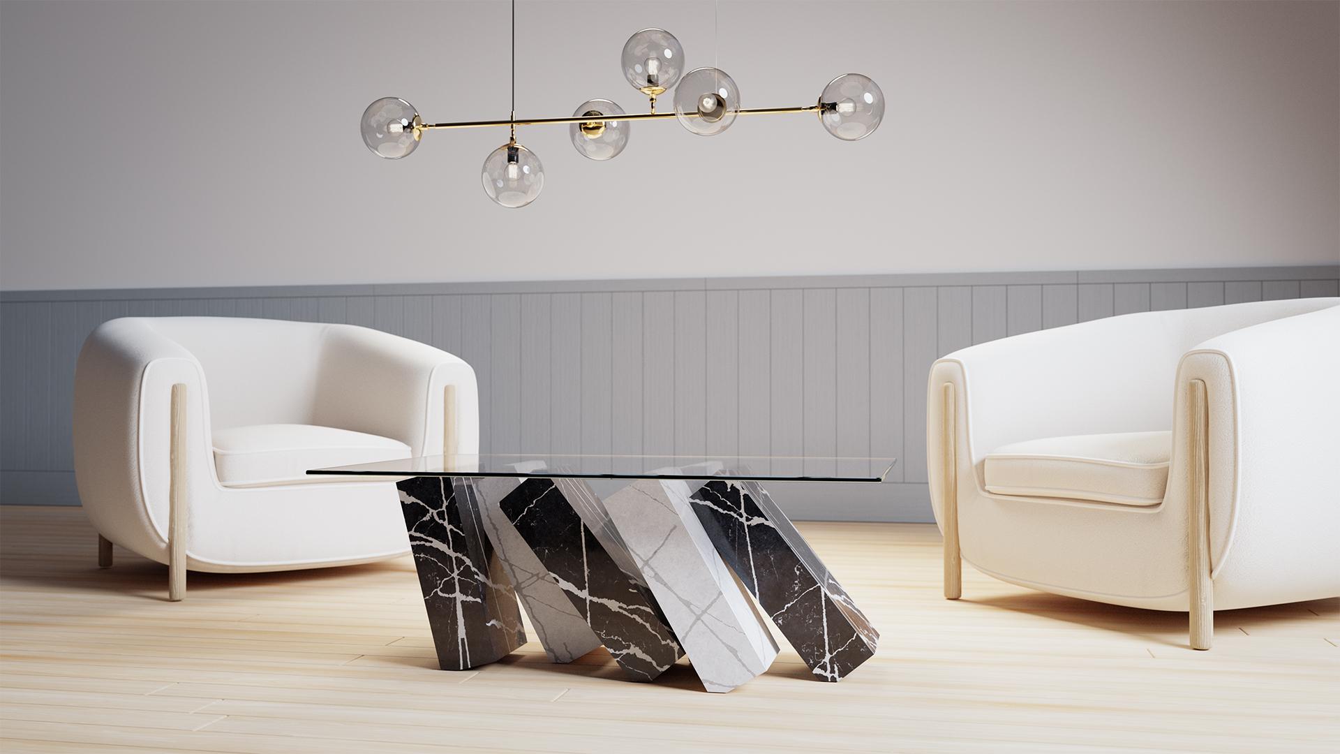 The Megalith coffee table is a striking new addition to the Megalith collection; a dazzling piece of modern furniture from Christopher Duffy, and luxurious addition to the living space.

A glass tabletop balances across a series of six toppling
