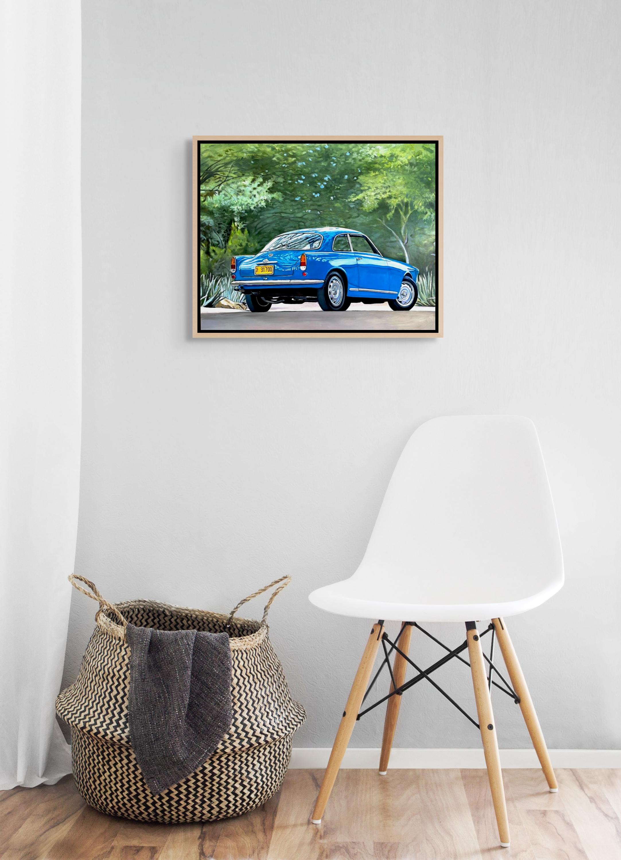 „1959 Alfa Romeo Giulietta“ Original Ölgemälde 16 in x 20 in – Painting von Megan Eisenberg