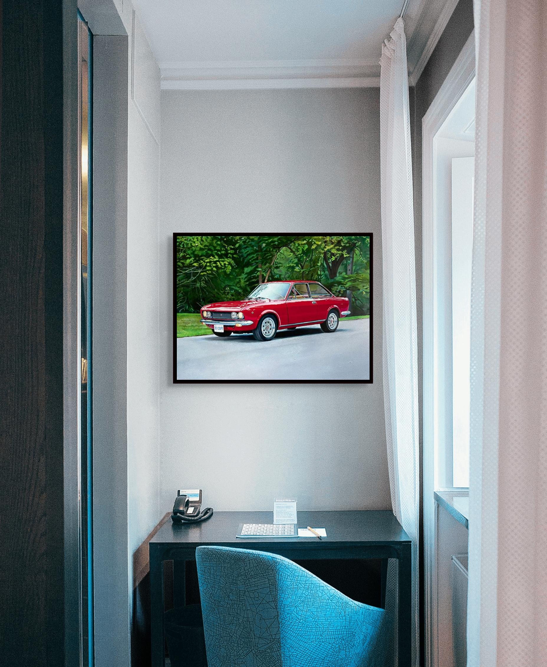 Dieses Original-Ölgemälde des Fiat Coupe von 1970 ist ein Klassiker! Ideal für jeden Oldtimer-Liebhaber oder -Sammler. Diese Schönheit ist ein Klassiker und eines meiner Lieblingsthemen. Ich liebe die kulturelle Ästhetik von Oldtimern und ihren