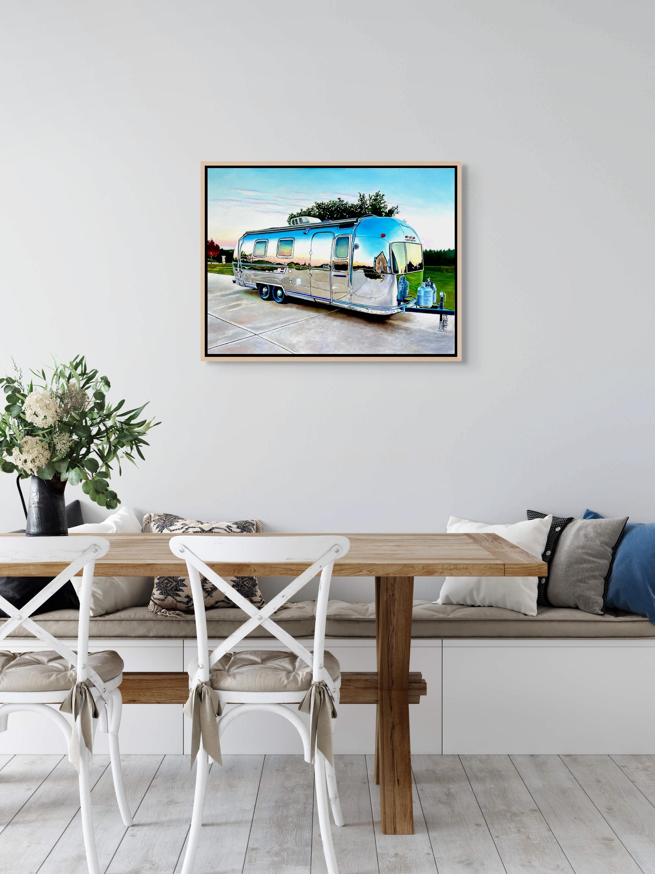 „Airstream at Dusk“ Original Ölgemälde 18 in x 24 in (Blau), Landscape Painting, von Megan Eisenberg