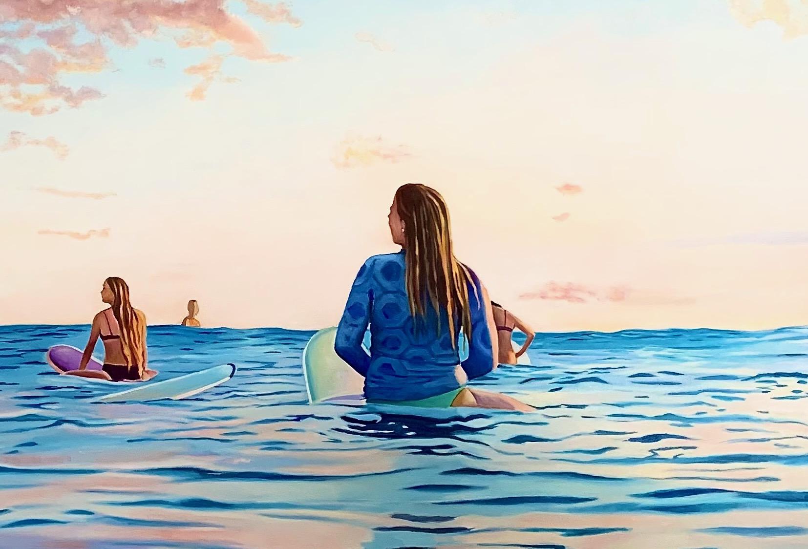 „Board Meeting“ Original Ölgemälde 44 in x 64 in (Grau), Landscape Painting, von Megan Eisenberg