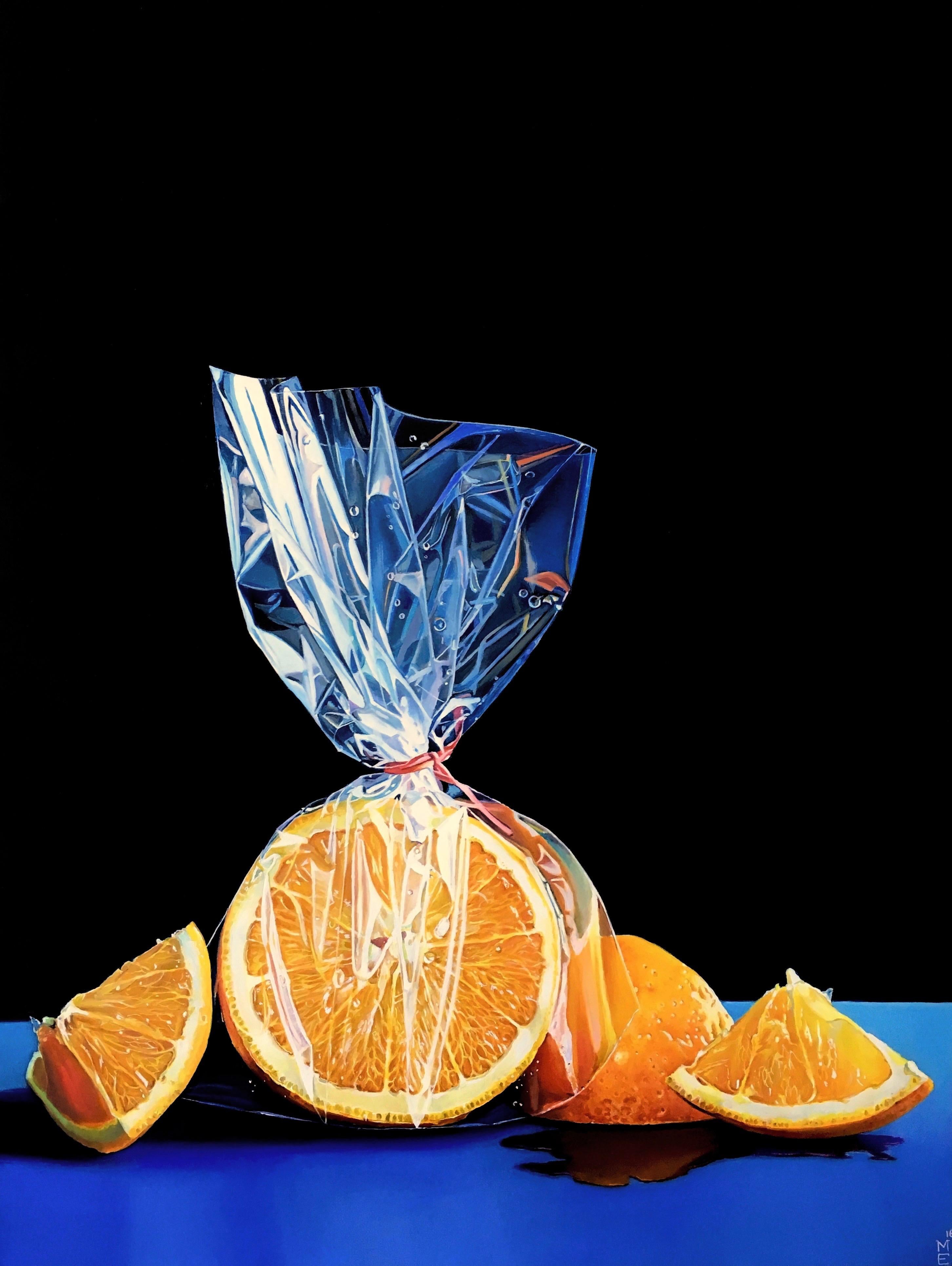 Megan Eisenberg Still-Life Painting - "Cut Oranges Still Life" Original Photorealist Oil Painting 18"x24"