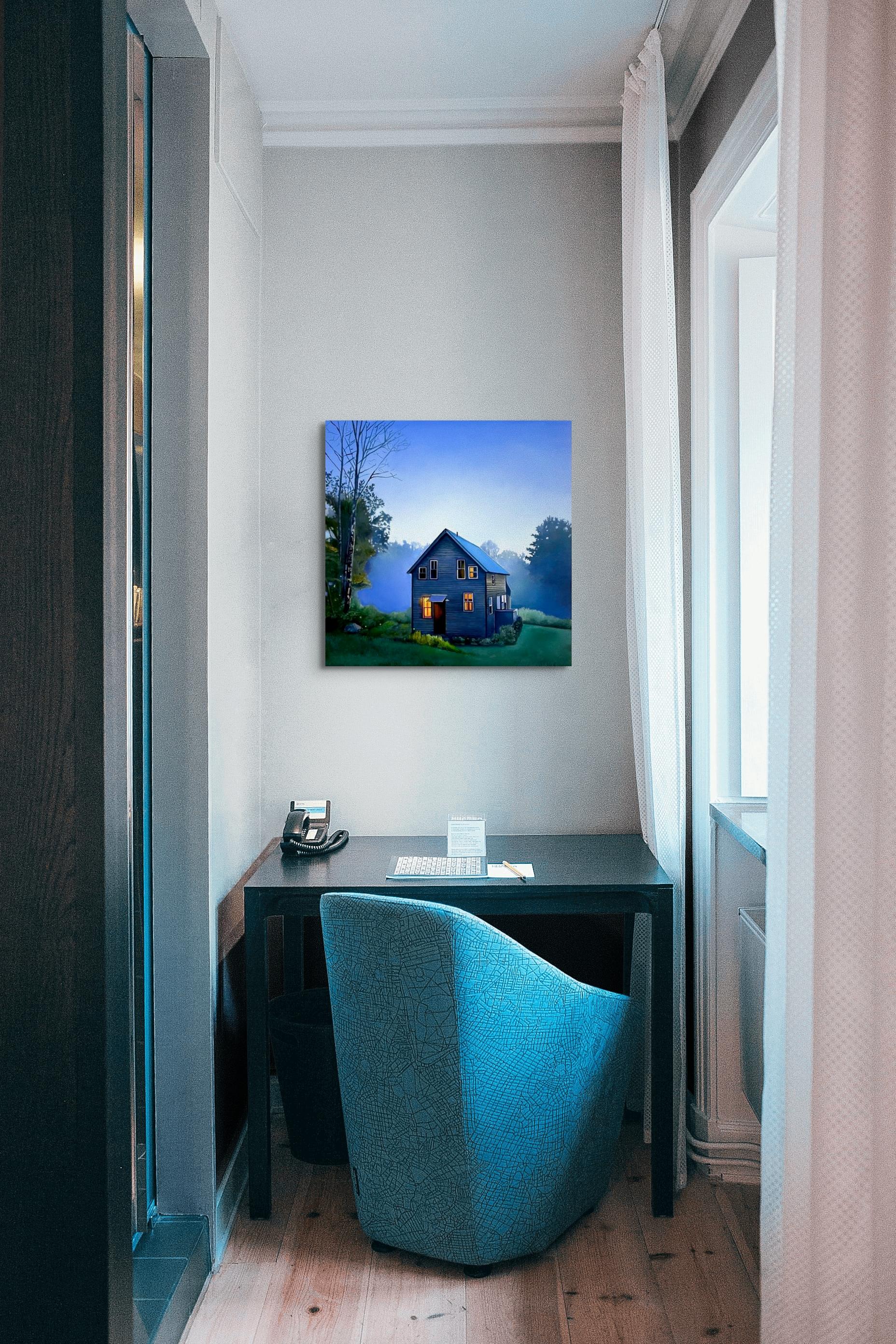 „Evening Twilight“ Original Ölgemälde 18 in x 18 in (Blau), Landscape Painting, von Megan Eisenberg