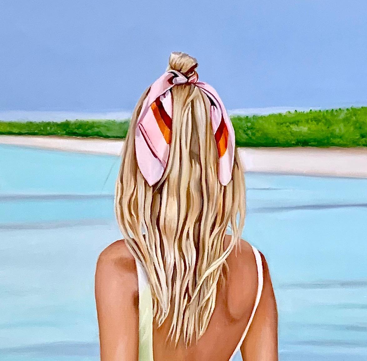 „Mädchen in kühlem Blau“ Original Ölgemälde 36 in x 36 in – Painting von Megan Eisenberg