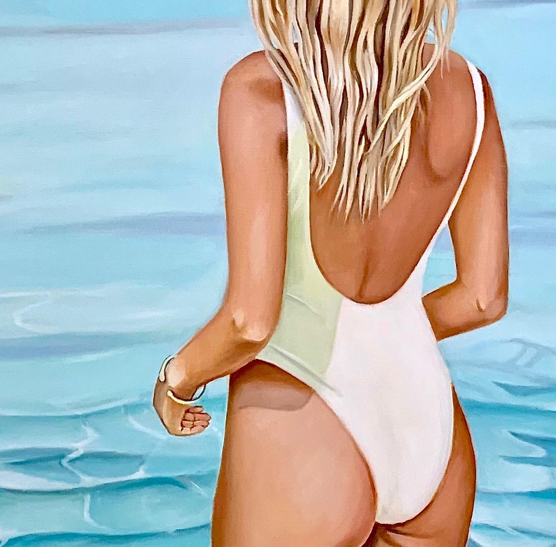 „Mädchen in kühlem Blau“ Original Ölgemälde 36 in x 36 in (Zeitgenössisch), Painting, von Megan Eisenberg