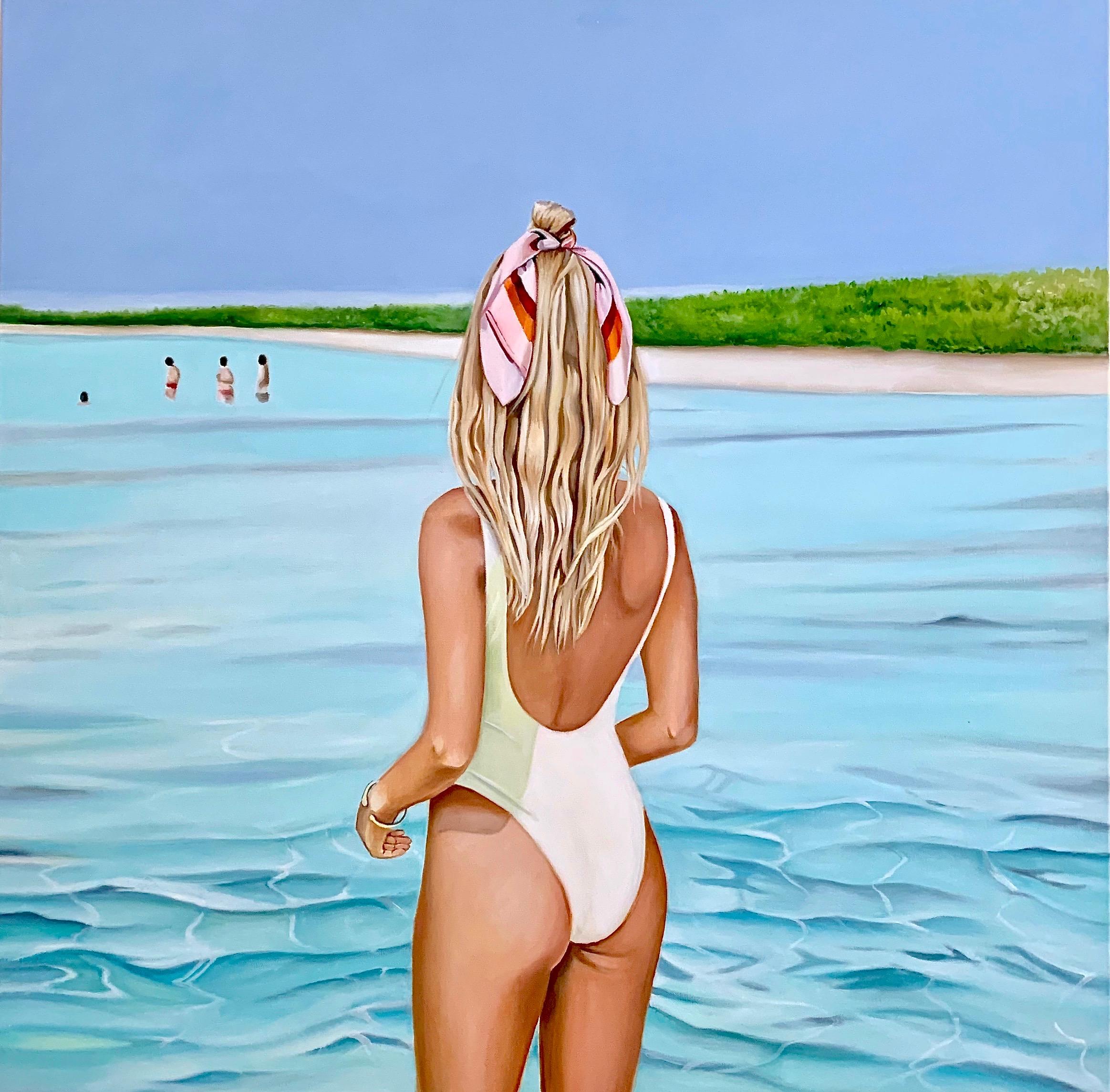 Megan Eisenberg Figurative Painting - "Girl in Cool Blue" Original Oil Painting 36 in x 36 in