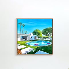 "Mid Century Pool" Original Oil Painting 18 in x 18 in