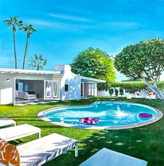 "Piscina di metà secolo" Pittura a olio originale di 18 x 18 pollici