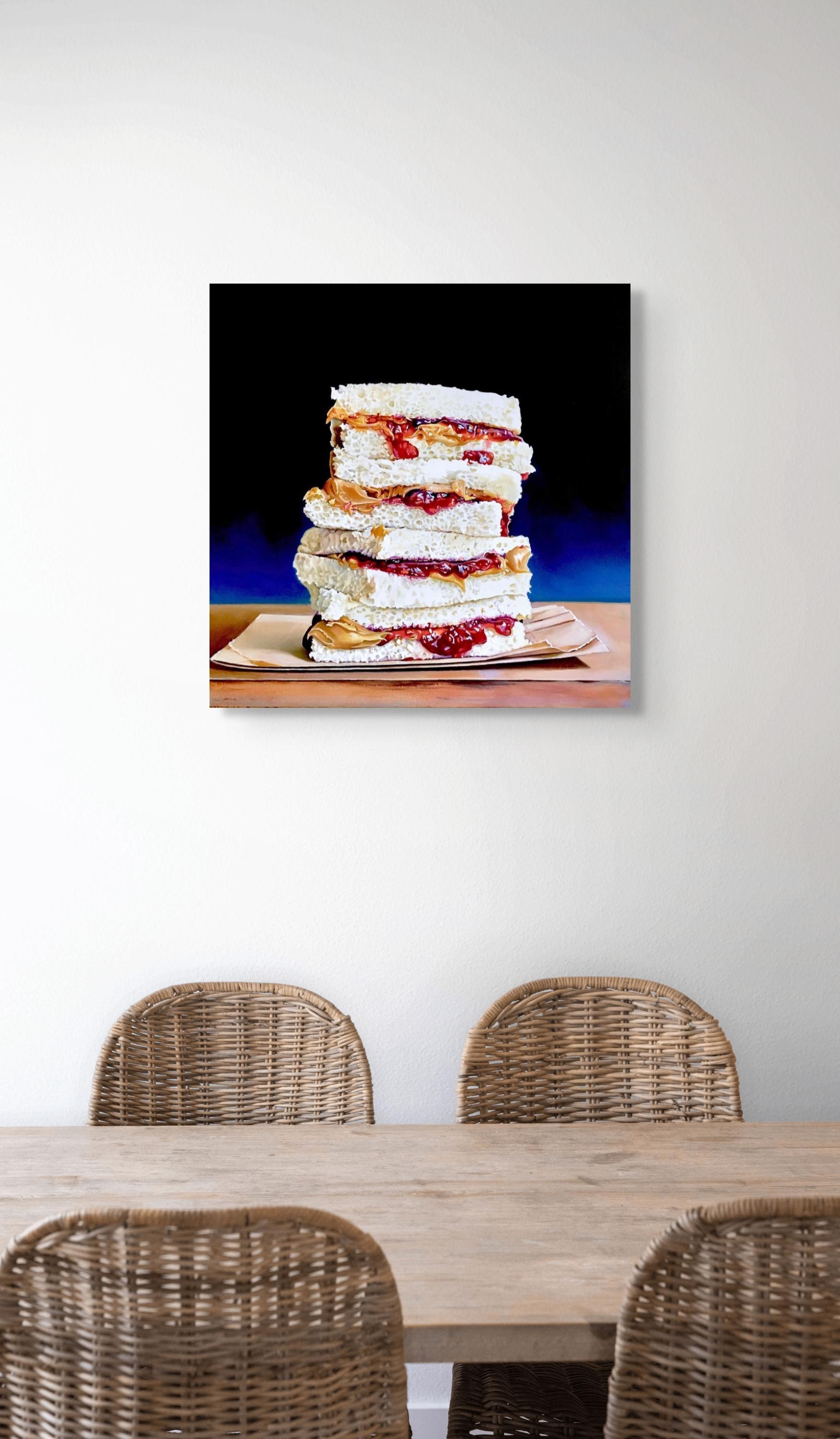 Cette peinture à l'huile originale représentant des sandwichs classiques au beurre de cacahuète et à la gelée évoque des souvenirs d'enfance. L'onctuosité du beurre de cacahuète contre la gelée de raisin translucide et brillante vous donnera