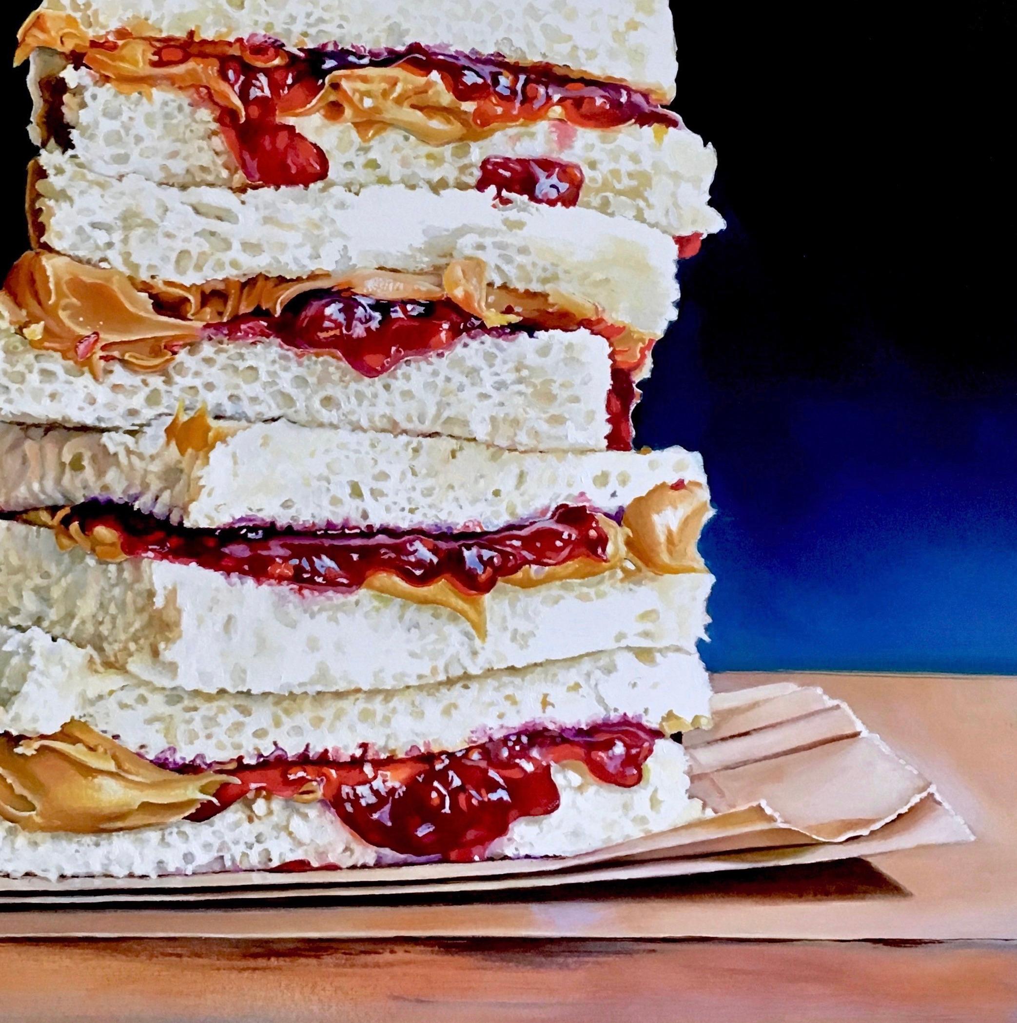 “PB&J Stack”
2018
Oil on 2” deep Panel
18 in x 18 in

In the genre of Contemporary realism, this original oil painting of 
peanut butter and jelly sandwiches conjures memories of childhood.  My son loved them when he was young, no crusts!  The thick