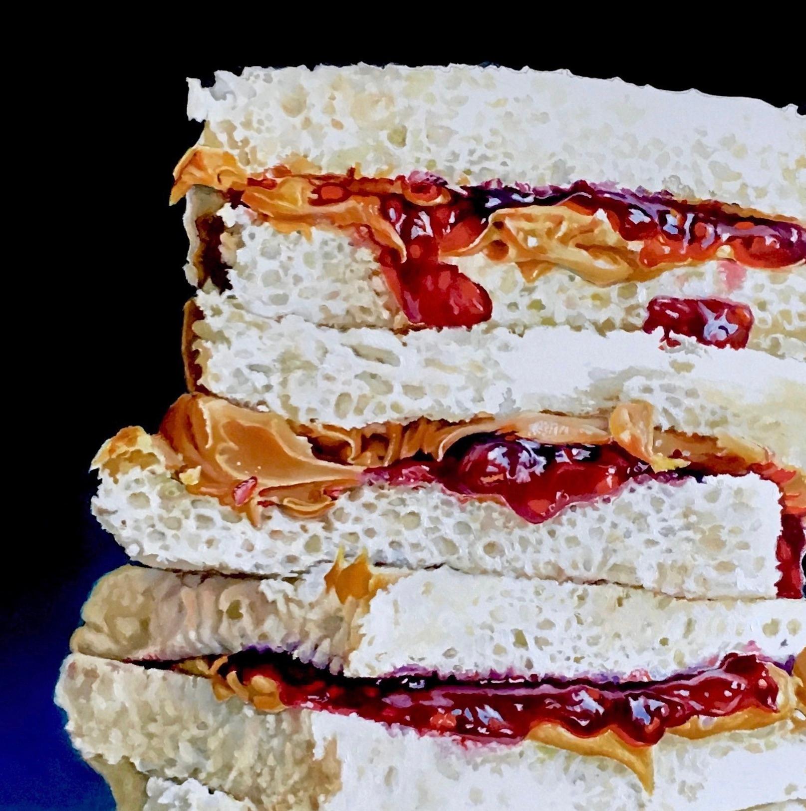 „PB&J gestapelte Sandwiches“ Original Ölgemälde 18 in x 18 in  (Zeitgenössisch), Painting, von Megan Eisenberg