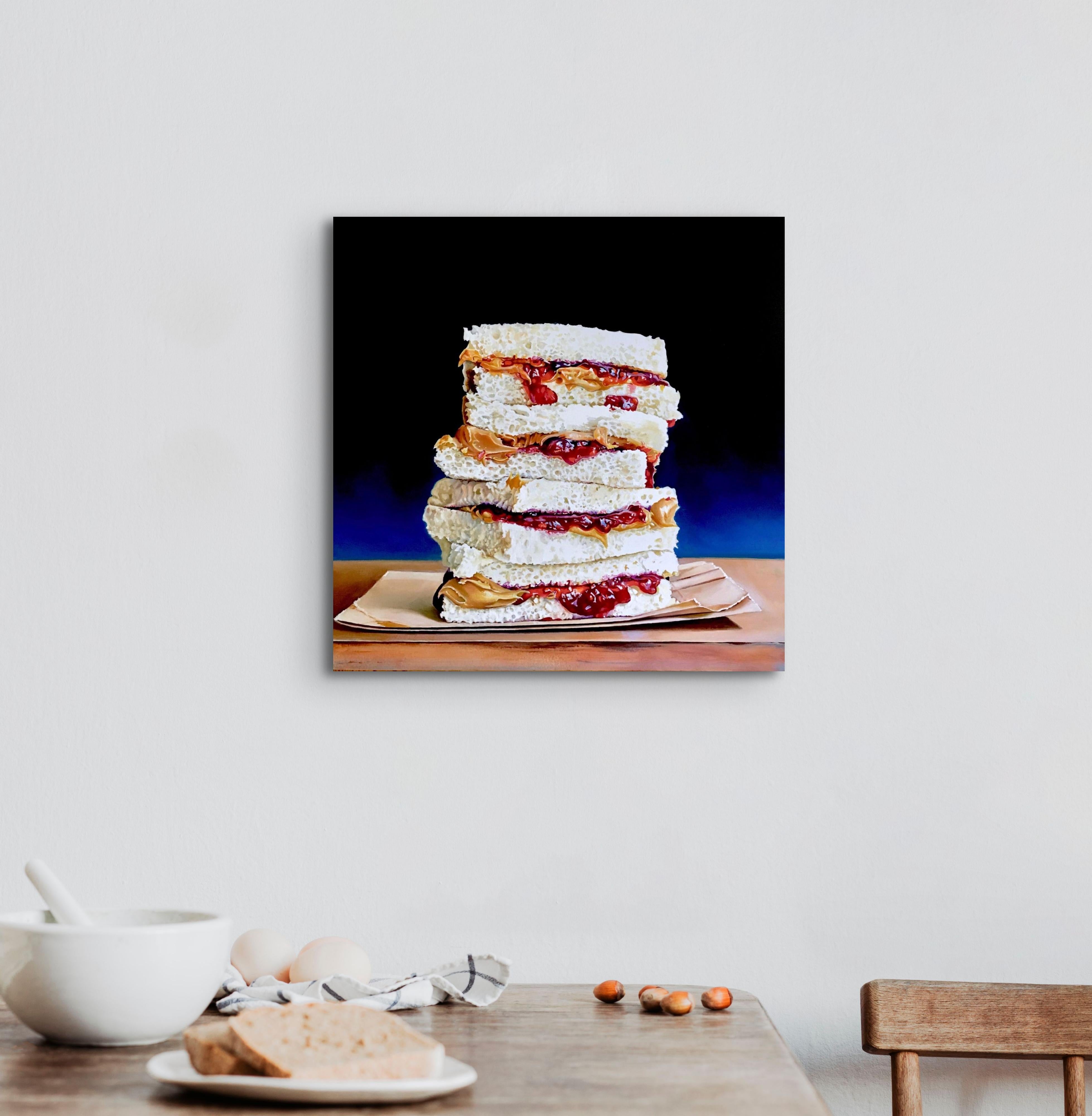 „PB&J gestapelte Sandwiches“ Original Ölgemälde 18 in x 18 in  (Braun), Still-Life Painting, von Megan Eisenberg