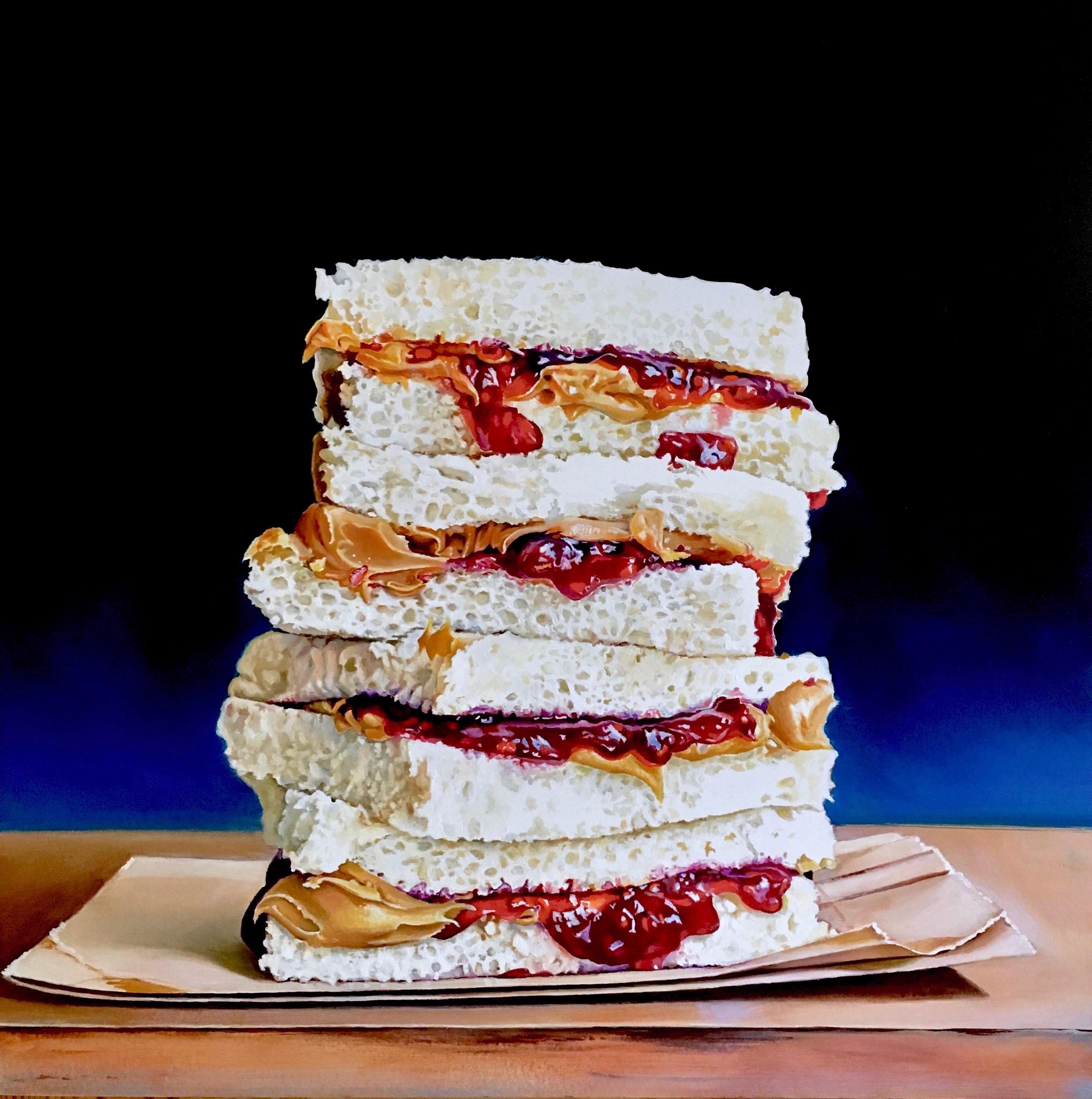 Megan Eisenberg Still-Life Painting - "PB&J stacked sandwiches" Original Oil Painting 18 in x 18 in 