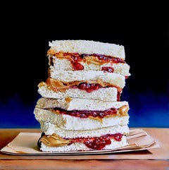 "PB&J stacked sandwiches" Peinture à l'huile originale 18 pouces x 18 pouces 