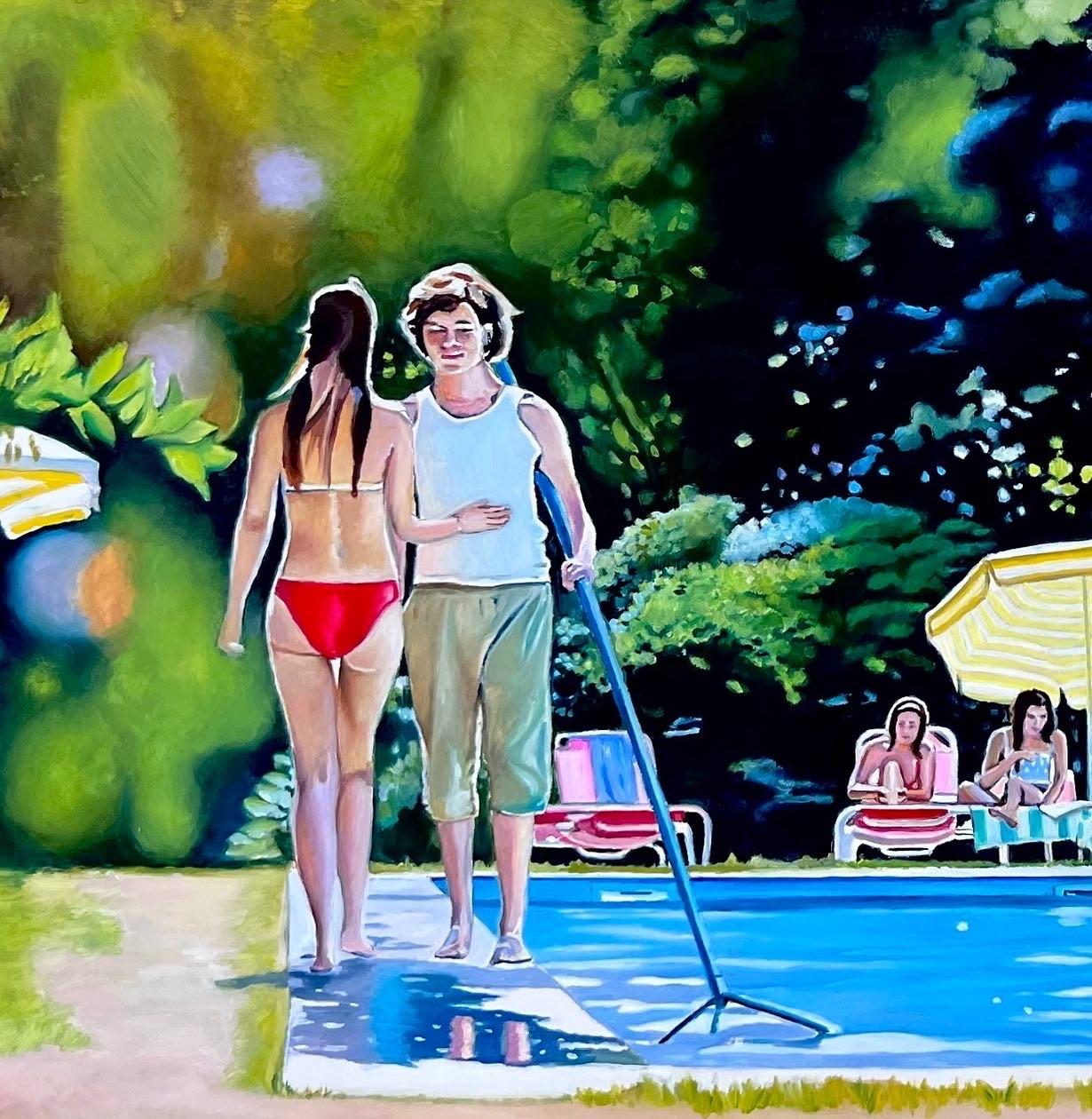 „Pool Party Afternoon“ Original Ölgemälde 12 in x 24 in – Painting von Megan Eisenberg