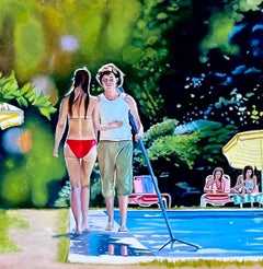 "Pomeriggio di festa in piscina" Pittura ad olio originale di 12 x 24 cm