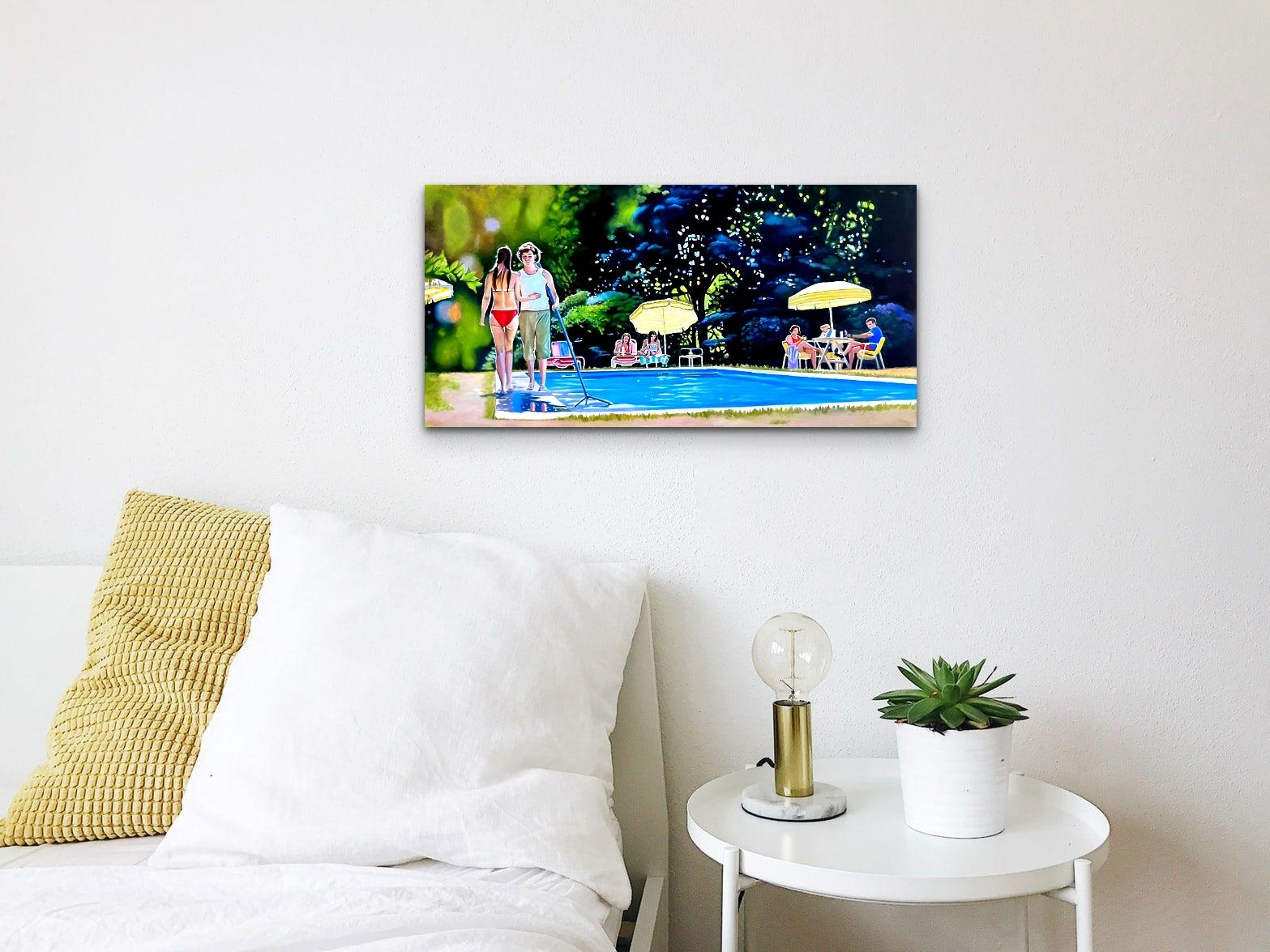 „Pool Party Afternoon“ Original Ölgemälde 12 in x 24 in (Blau), Landscape Painting, von Megan Eisenberg