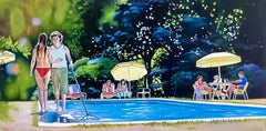 "Pool Party Afternoon" Original Oil Painting 12 in x 24 in