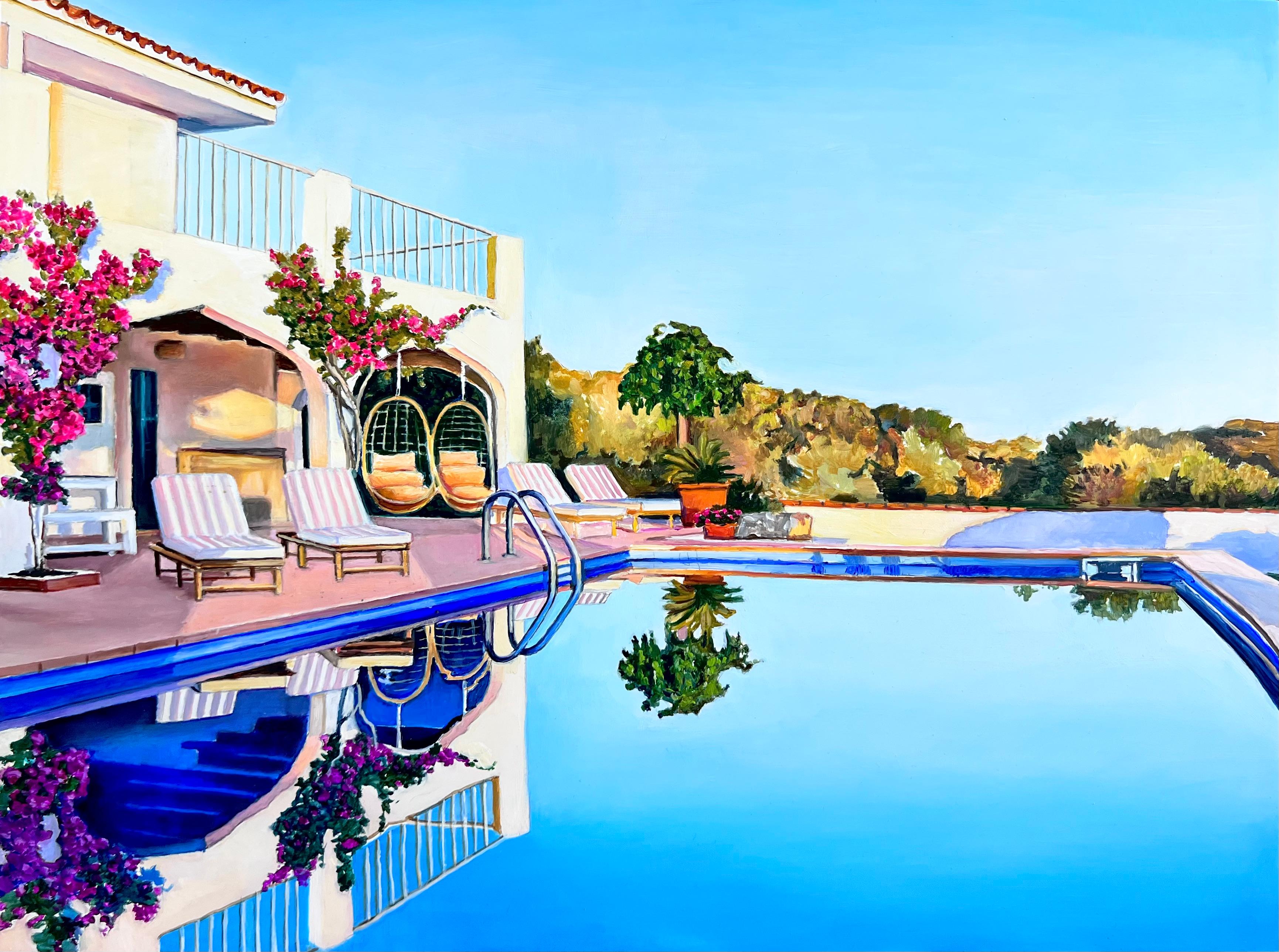 Landscape Painting de Megan Eisenberg - "Luz junto a la piscina" Pintura al óleo original 12 pulg x 16 pulg