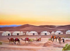 "Camp du Sahara" Peinture à l'huile originale 36 "x48" 