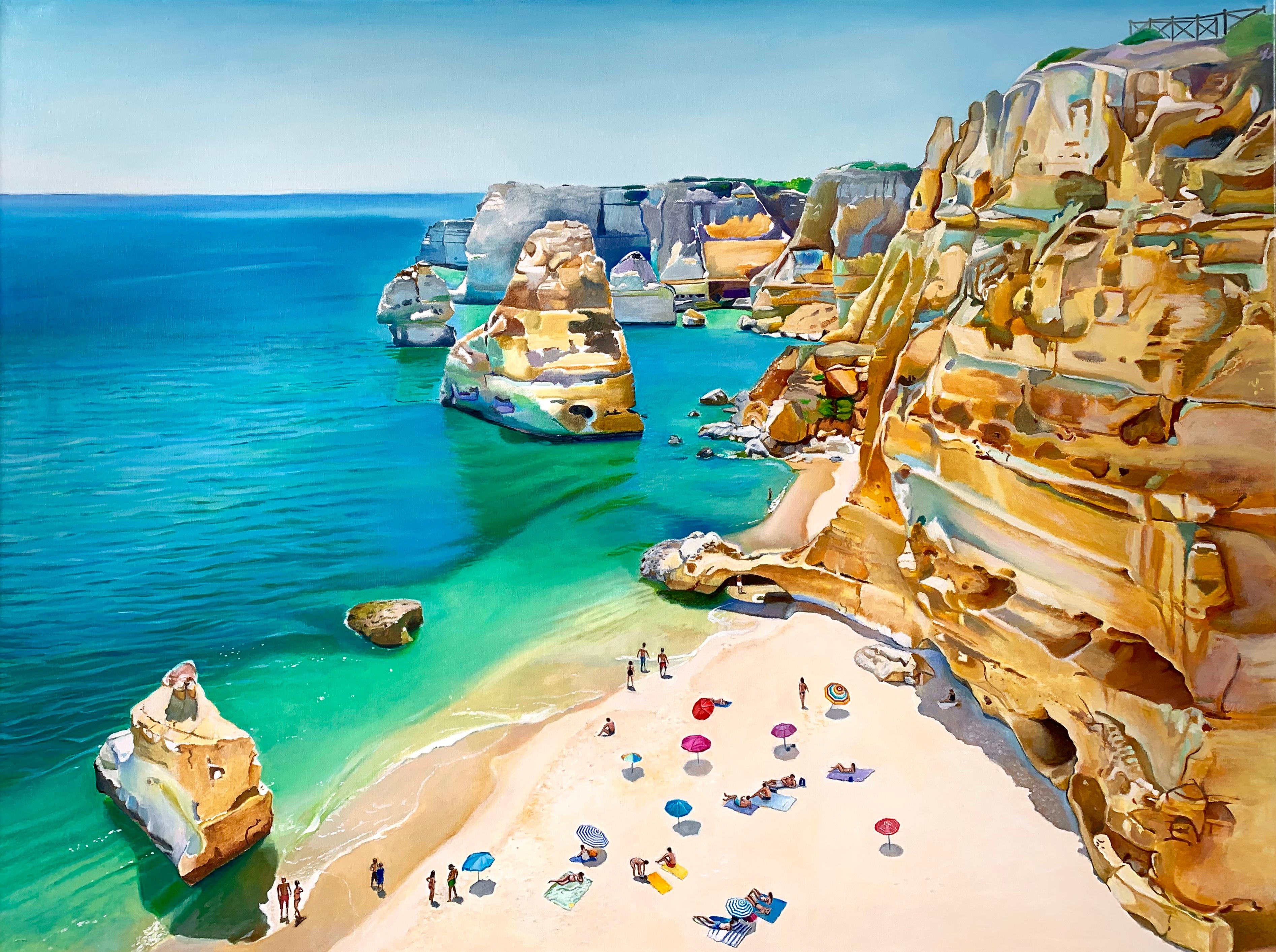 Megan Eisenberg Landscape Painting – „Sunbathers at Portugal Cliffs“ Original Ölgemälde 30 in x 40 in