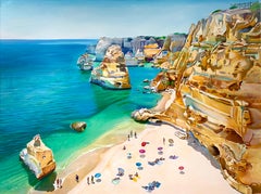 "Sunbathers at Portugal Cliffs" Peinture à l'huile originale 30 po x 40 po