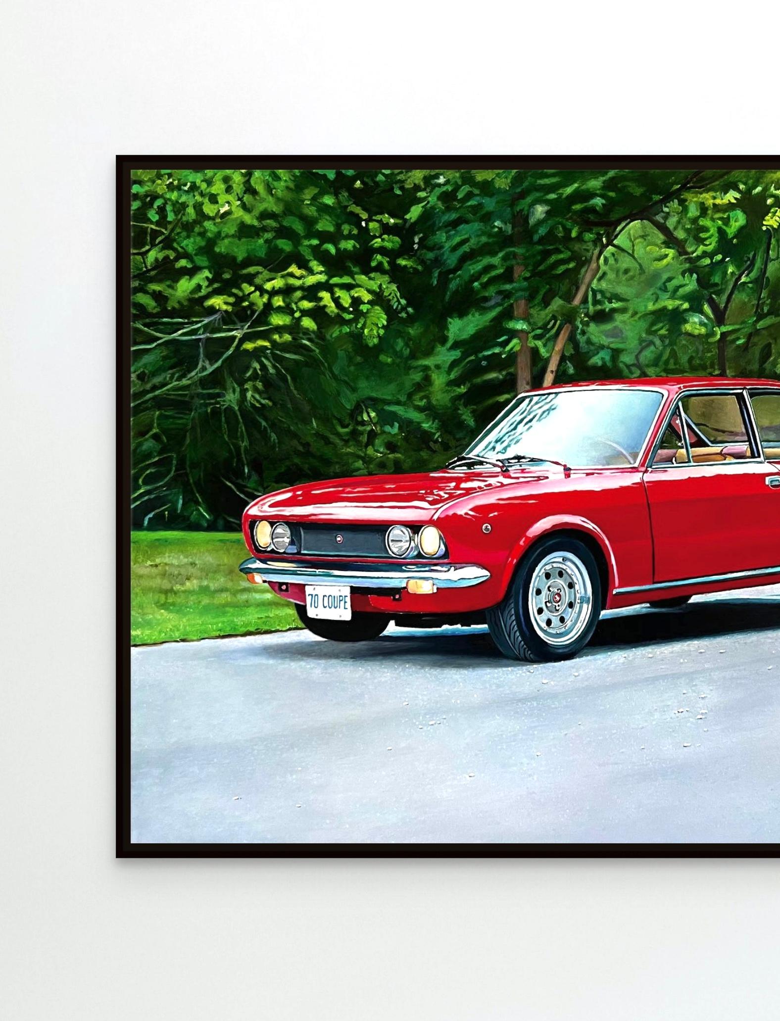Ein Original-Ölgemälde des Fiat Coupe von 1970. Dieses Stück ist die Kunst des Coolen.  Ideal für jeden Oldtimer-Liebhaber oder -Sammler.  Eine Hommage an die kulturelle Ästhetik von Oldtimern und ihren historischen Bezug zu Design und Innovation