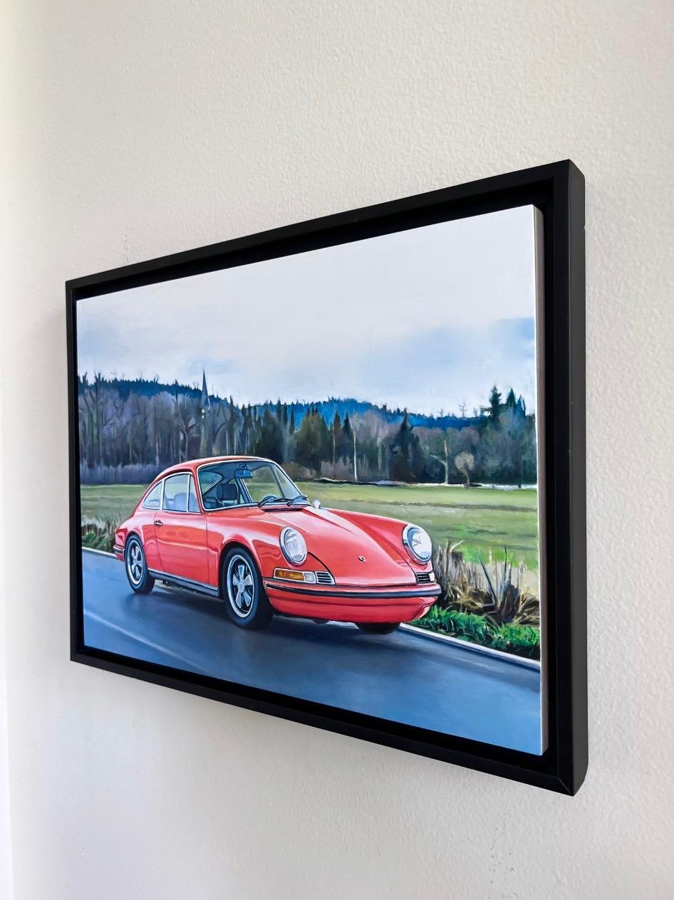 An original oil painting by Contemporary Realist Megan Eisenberg.  This moody photorealist painting of a vintage 911 was made with high quality Gamblin oil paints on cradled panel and framed with in a 3/4
