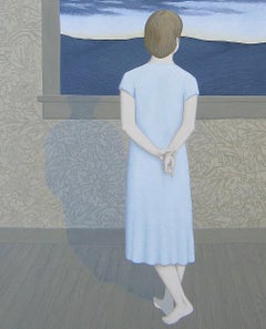 Letto, pittura surrealista originale a guazzo su pannello di Wood