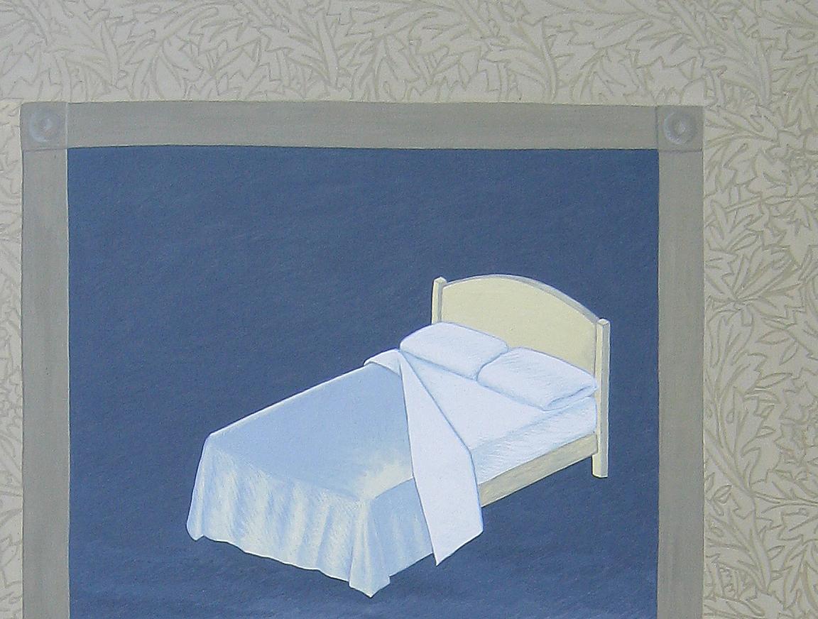 Bett, Original zeitgenössisches surrealistisches Gouache-Gemälde auf Holzplatte (Surrealismus), Painting, von Megan Frazer