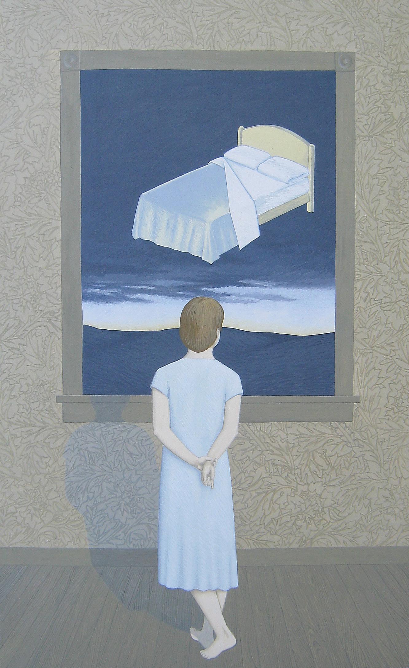 Megan Frazer Interior Painting – Bett, Original zeitgenössisches surrealistisches Gouache-Gemälde auf Holzplatte