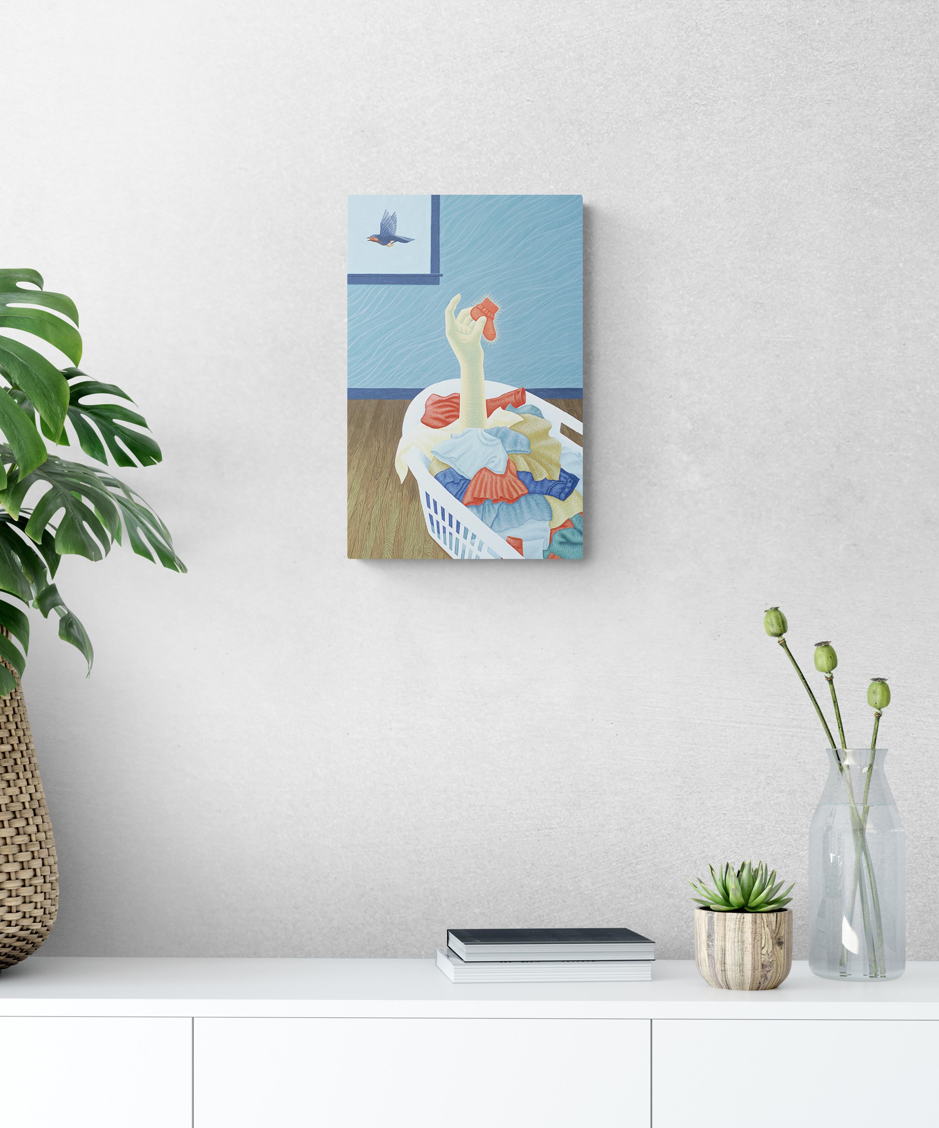 Original signiertes zeitgenössisches satirisches surrealistisches Gemälde auf Tafel, „Fo Found It“ (Blau), Interior Painting, von Megan Frazer