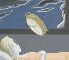 Watching, Original Contemporary Surrealist Gouache Painting on Wood Panel